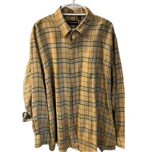 Kenneth Gordon tan/red/blue plaid linen button down, size XXL.